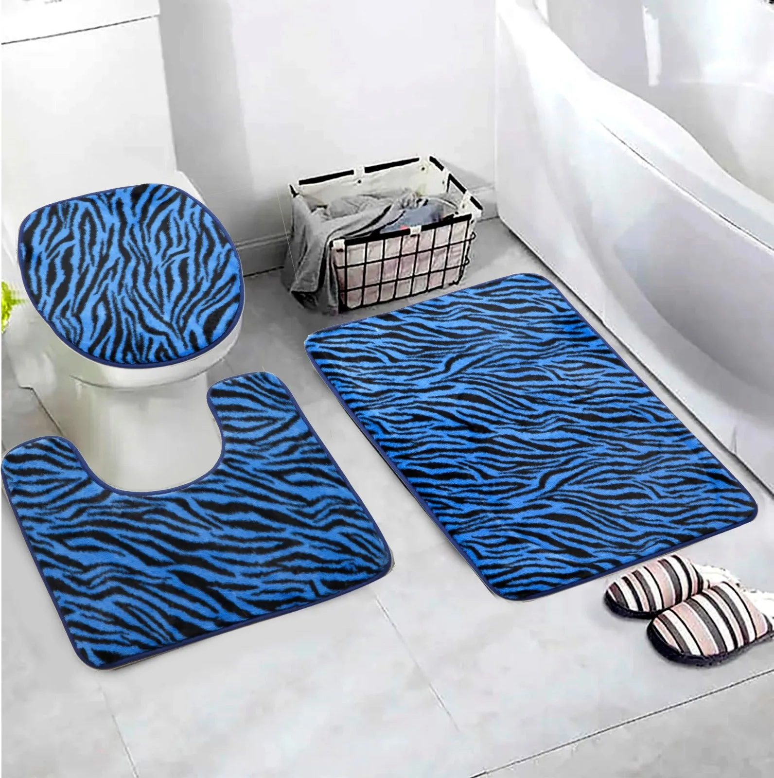 3 PCs Anti Skid Commode Mat Set-Blue Zebra Print