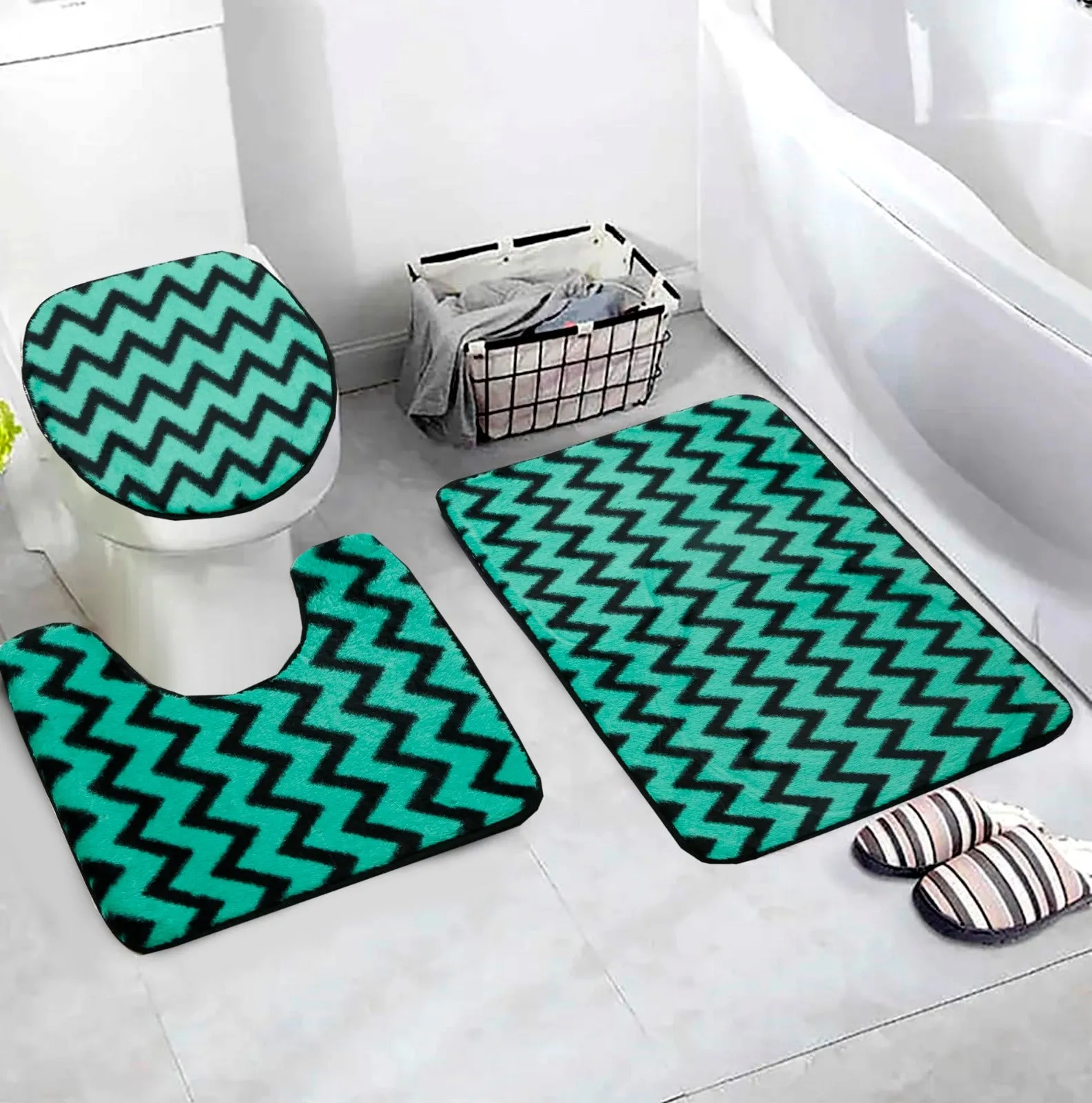 3 PCs Anti Skid Commode Mat Set-Green Geometric