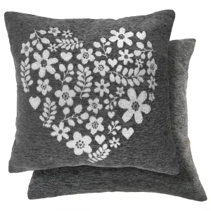 Amor Heart Charcoal Grey Cushion Covers Pair (43cm x 43cm)