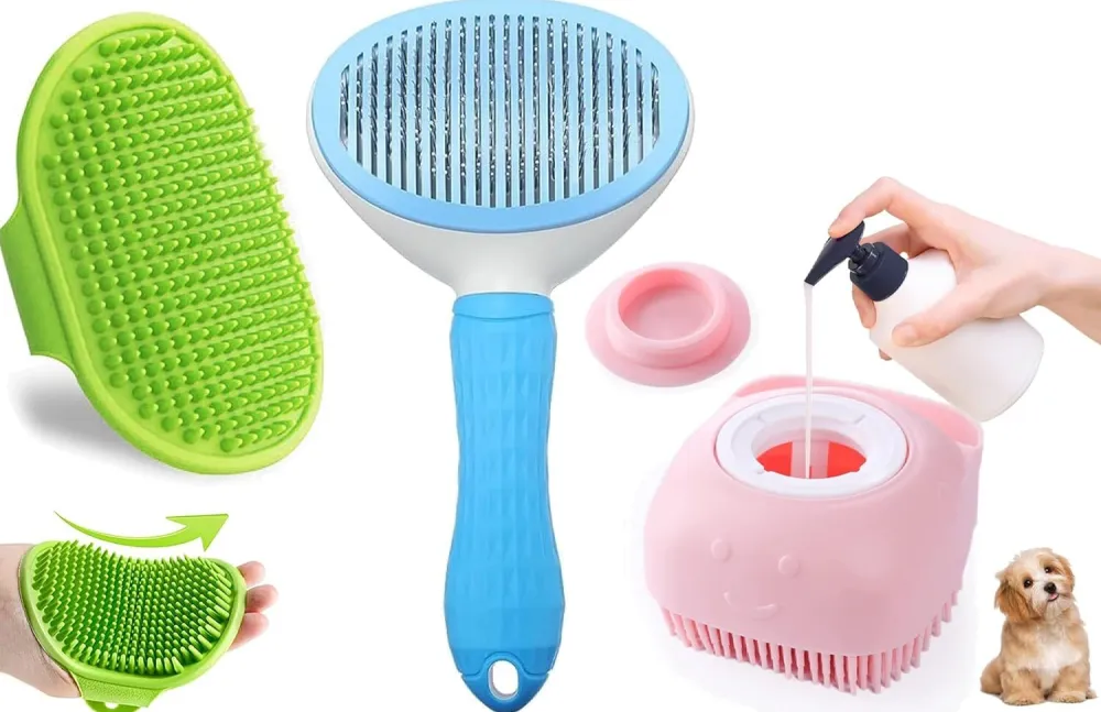 Chullbull Oval Slicker, Bath and Rubber Hand Brush Grooming Kit for Dogs