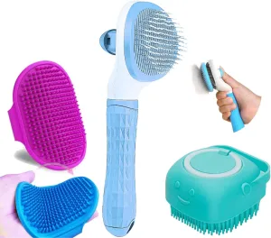 Chullbull Oval Slicker, Bath and Rubber Hand Brush Grooming Kit for Dogs