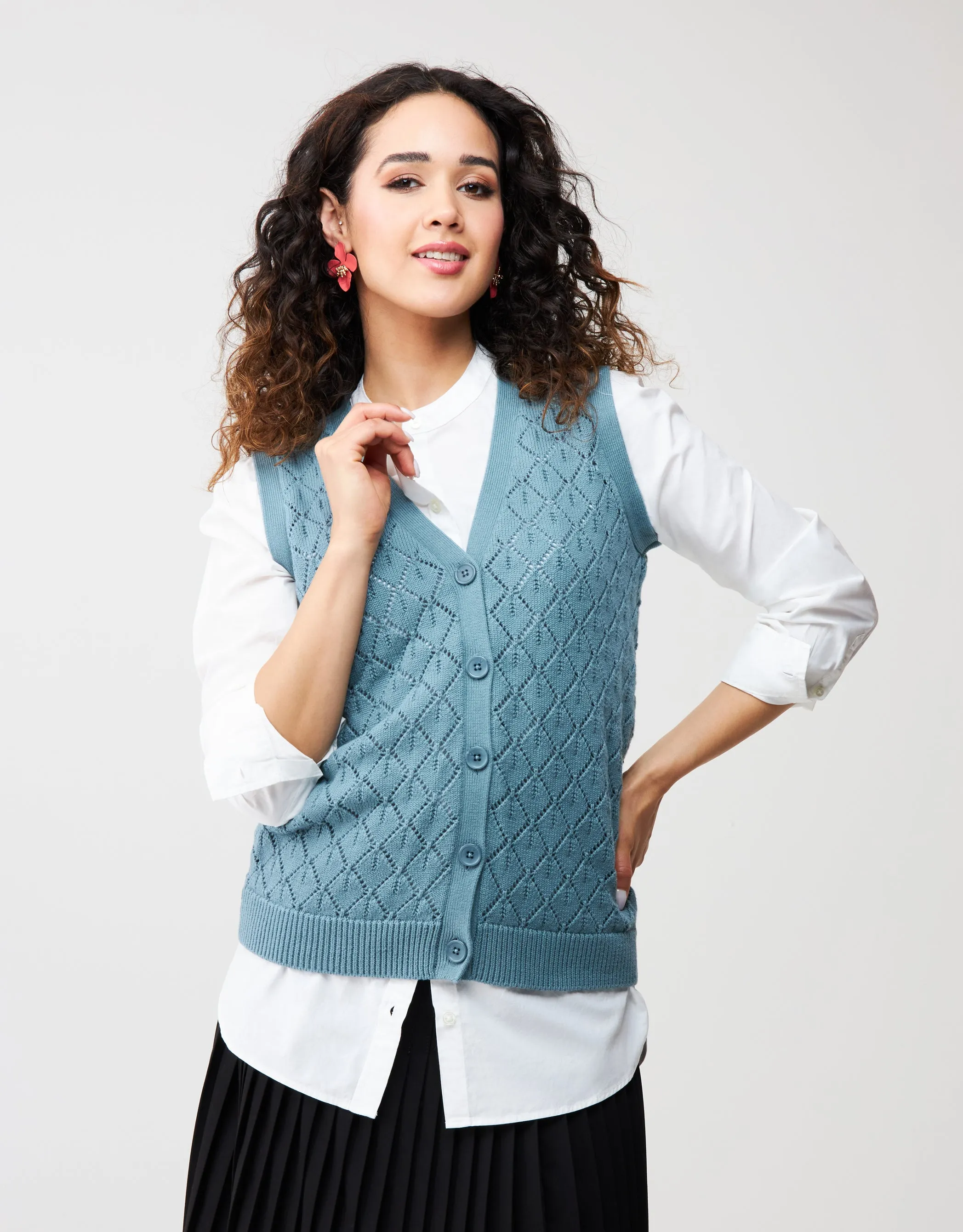 Diamond Pattern Knit Button Vest Sage