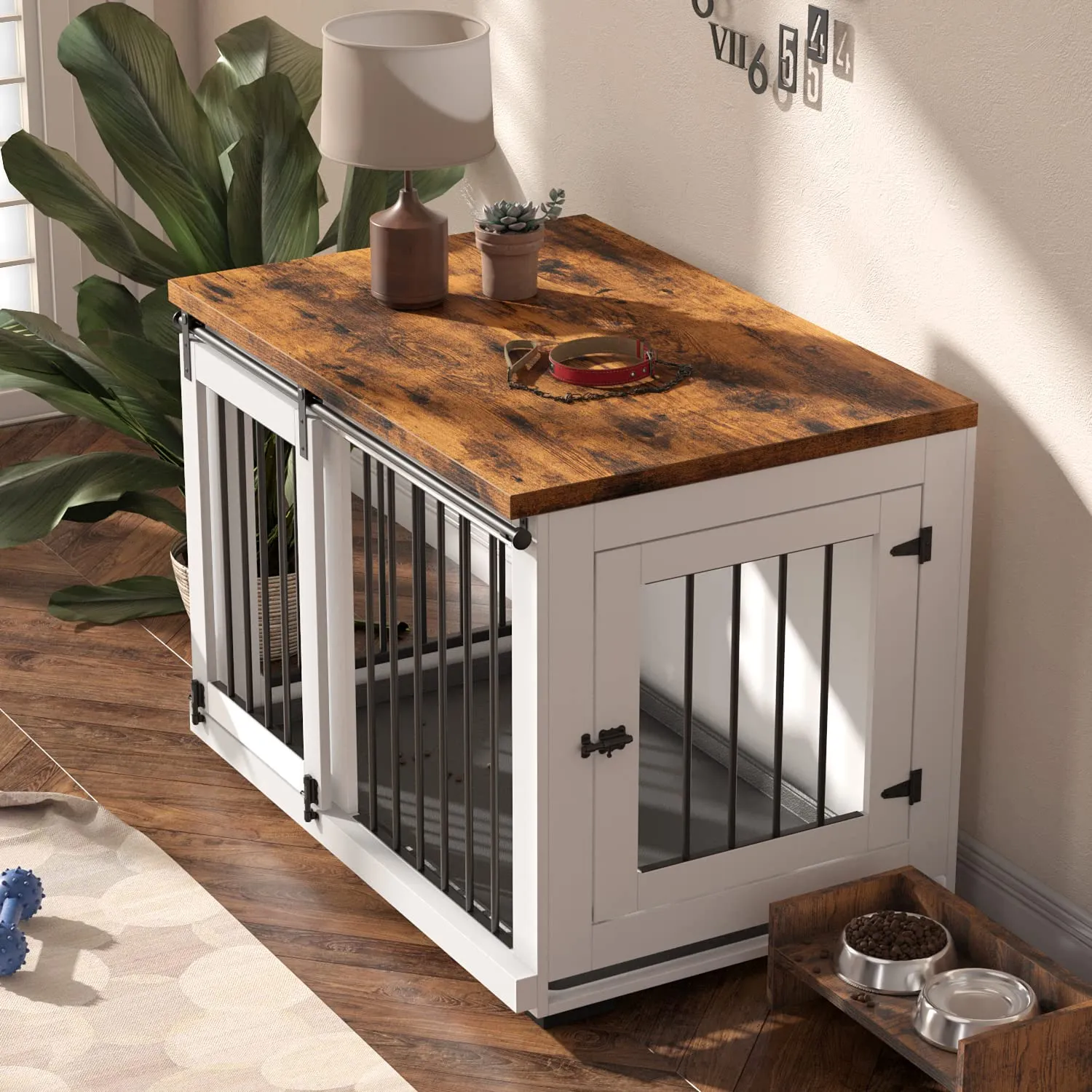 Dog Crate Furniture for Large Dogs Up to 60 lbs. - Barn Door Puppy Kennel w/Thickened Farmhouse Top & Metal Bars - 37'' Wide - White Decorative Modern Dog Crate Table, End Table, Nightstand