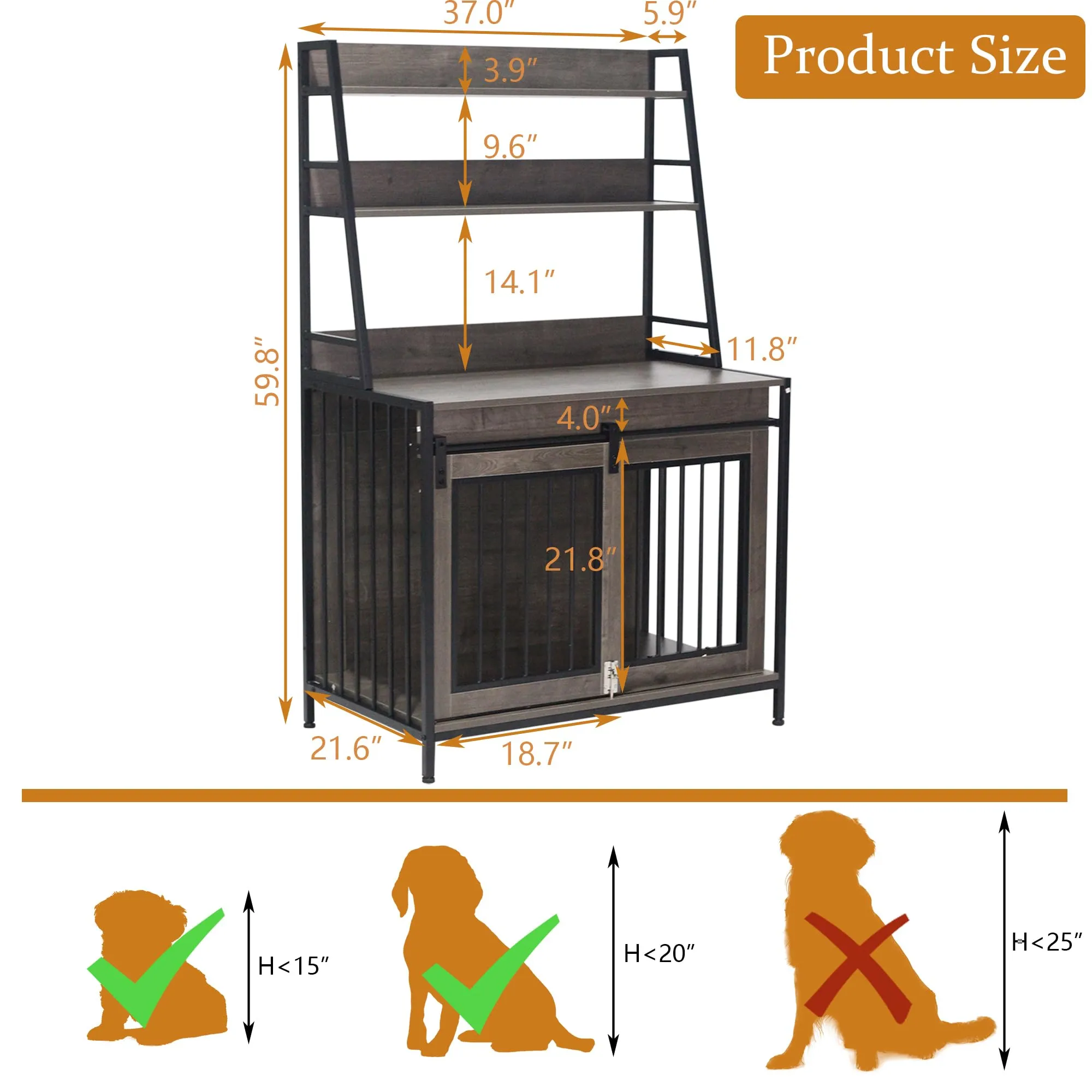 Dog Crate Indoor Furniture with Storage Shelves, 37 inch Wooden Dog Kennel with Double Sliding Doors, Heavy Duty Dog Cage for Large Medium Small Dogs, Grey