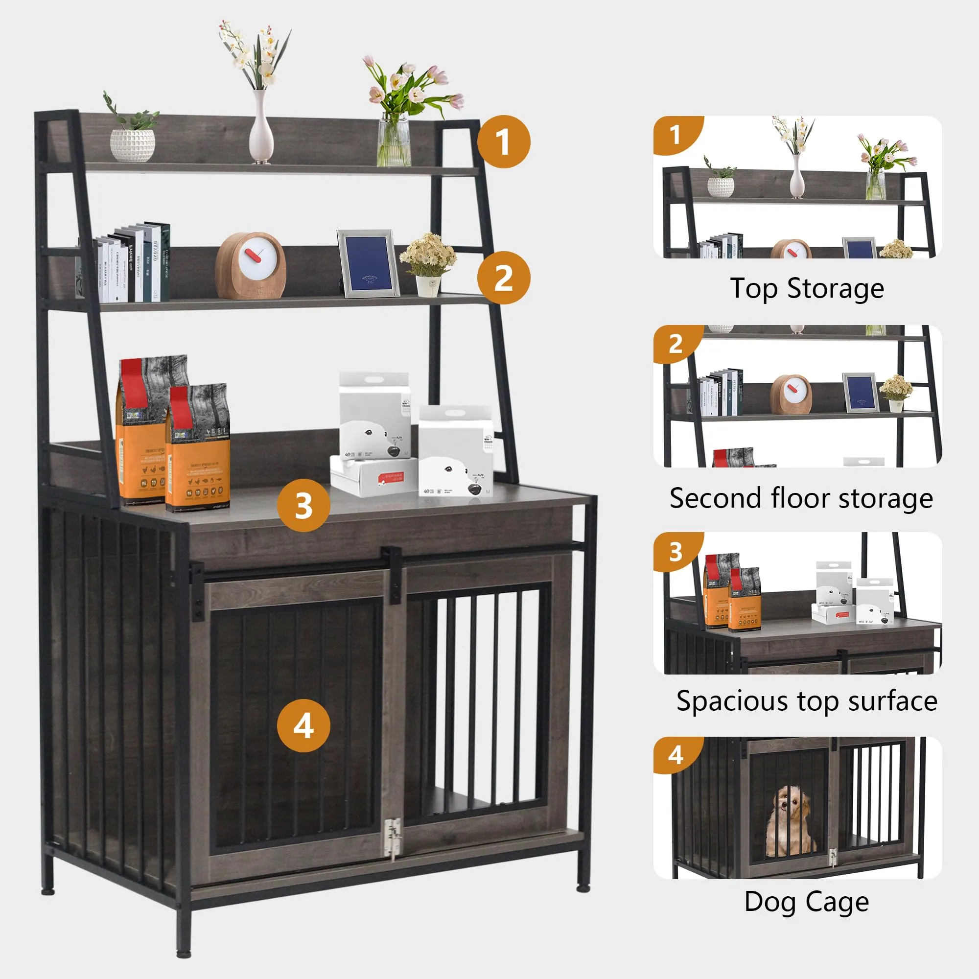 Dog Crate Indoor Furniture with Storage Shelves, 37 inch Wooden Dog Kennel with Double Sliding Doors, Heavy Duty Dog Cage for Large Medium Small Dogs, Grey