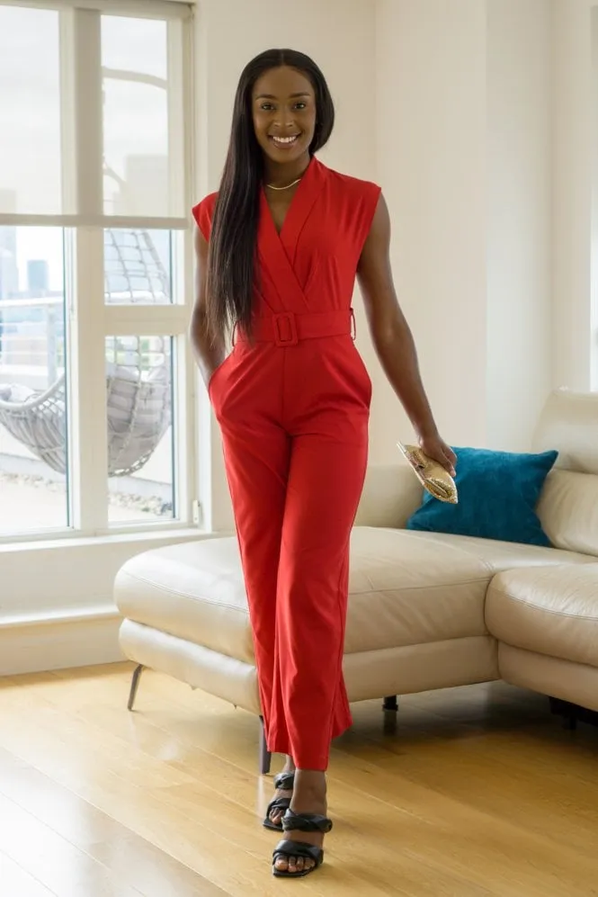 Double Second Red Belted Wrap Jumpsuit