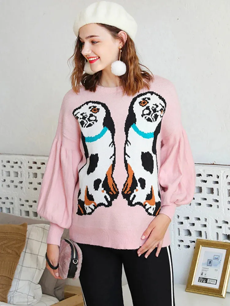 Fall Winter Maternity Nursing Sweaters Pregnant Women Lantern Sleeve Dog Animal Basic Thicken Pullovers C-045