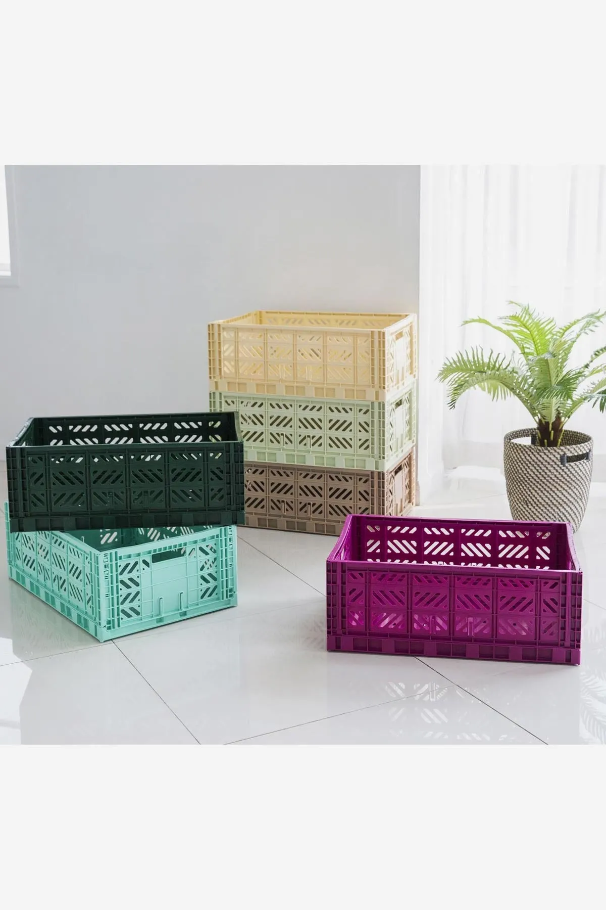 Foldable Storage Bins, Plastic Crate for Storage, Collapsible Crate, Utility Stackable Box Large Acid Yellow