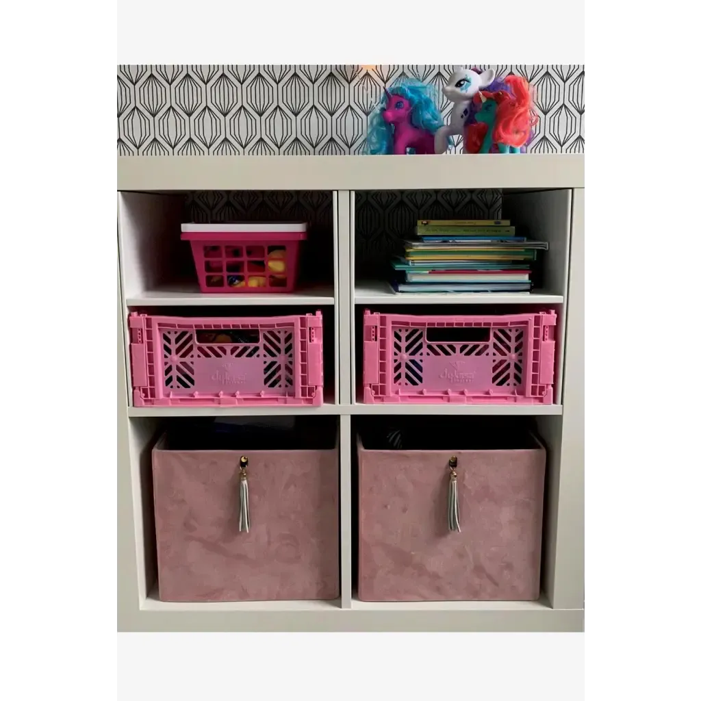 Foldable Storage Bins, Plastic Crate for Storage, Collapsible Crate, Utility Stackable Box Medium Baby Pink