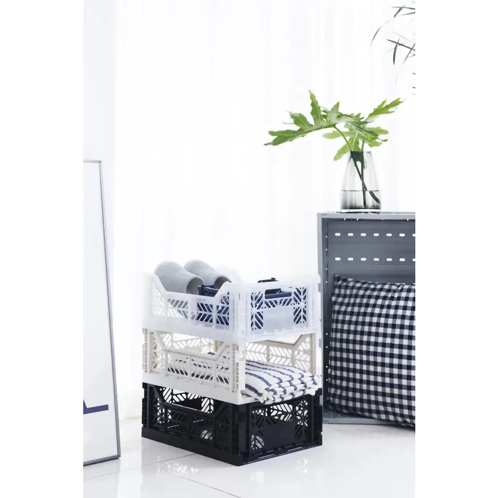 Foldable Storage Bins, Plastic Crate for Storage, Collapsible Crate, Utility Stackable Box Medium White