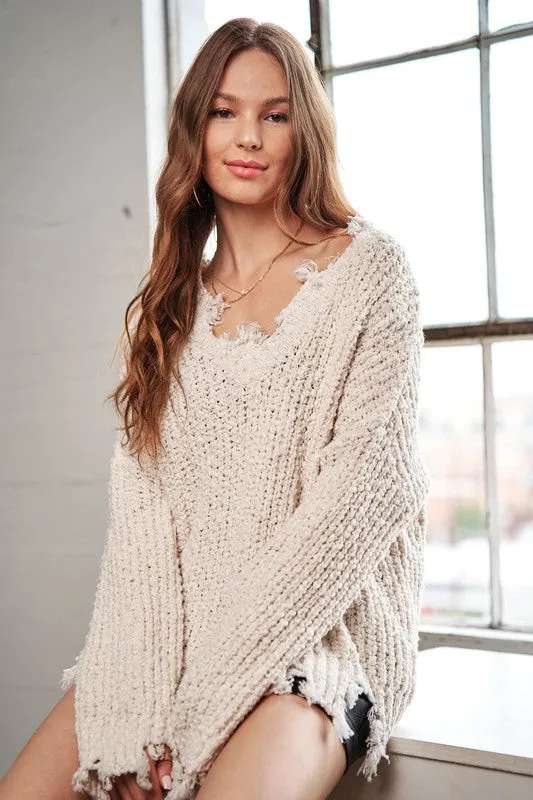 FRAYED SWEATER TOP - ASSORTED COLORS