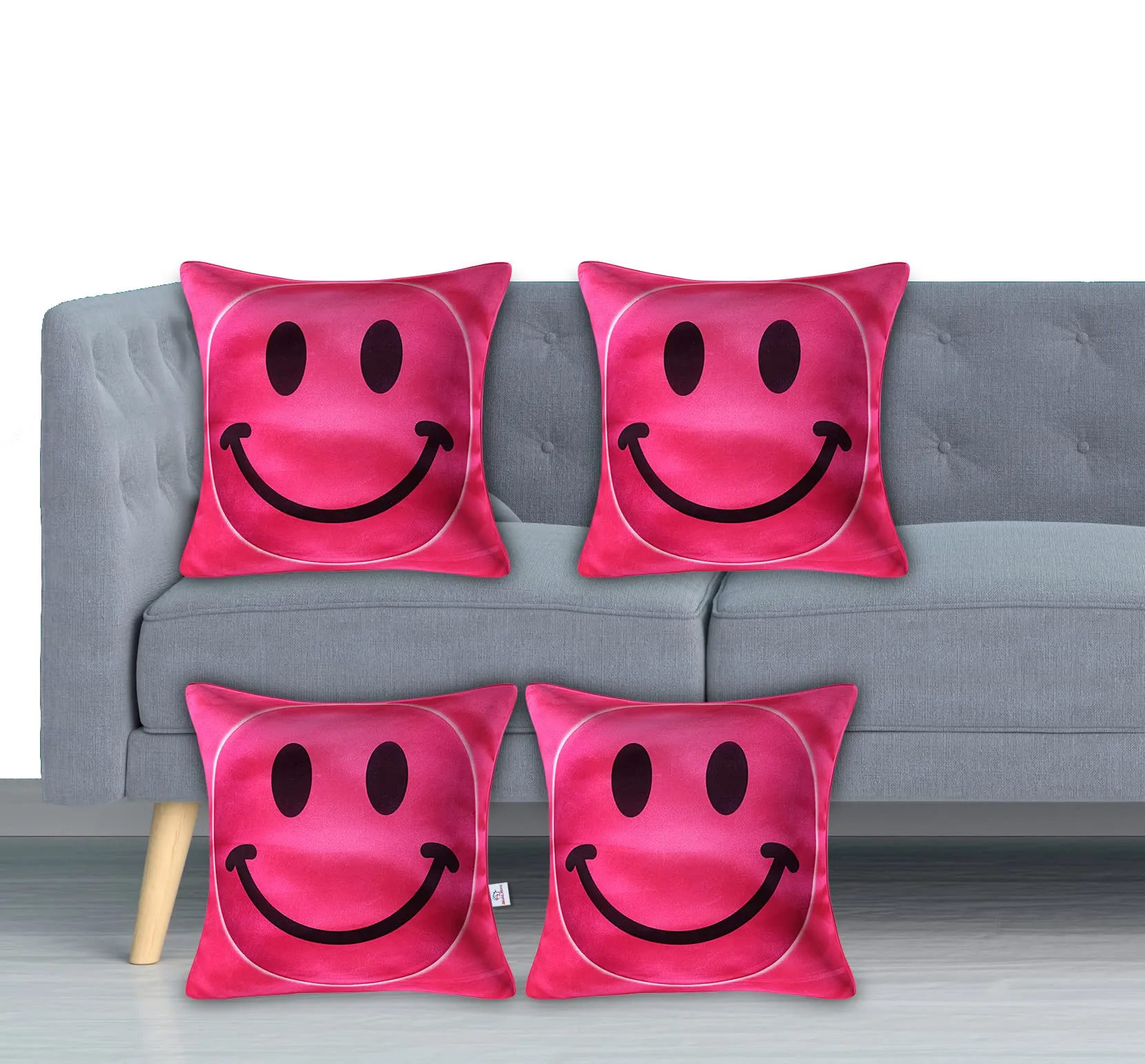 Heart Home Smiley Print Cushion Covers for Cushion, 16x16 Inches- Pack of 4 (Pink)