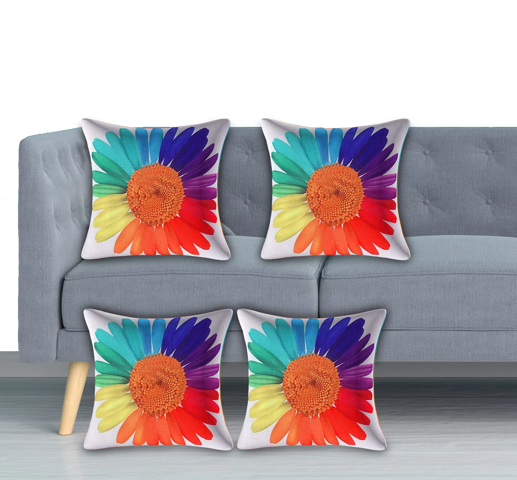 Kuber Industries Rainbow Sun Print Soft Decorative Square Cushion Cover, Cushion Covers, Cushion Case for Sofa Couch Bed 16x16 Inch- Pack of 4 (White)