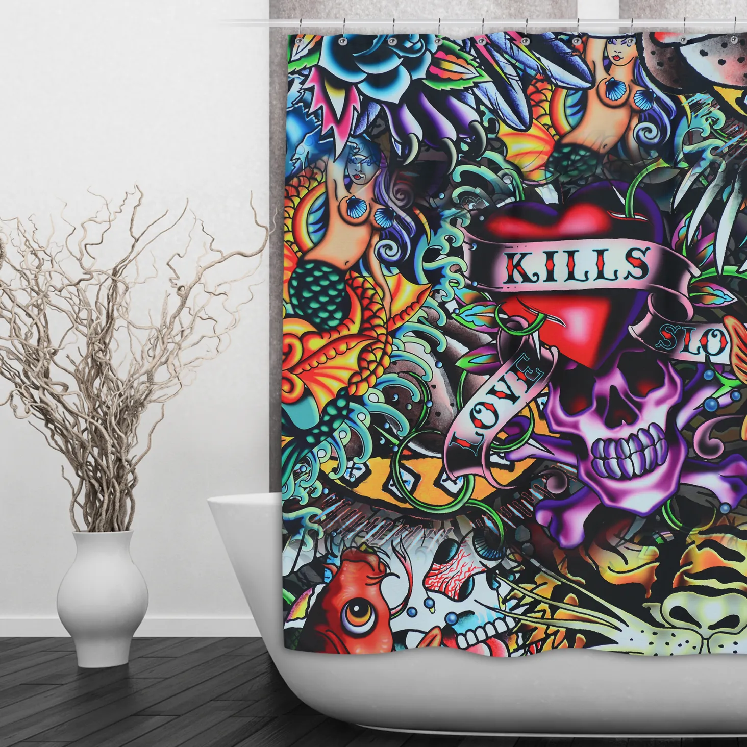 Love Kills Retro Tattoo Skull Shower Curtains and Optional Bath Mats