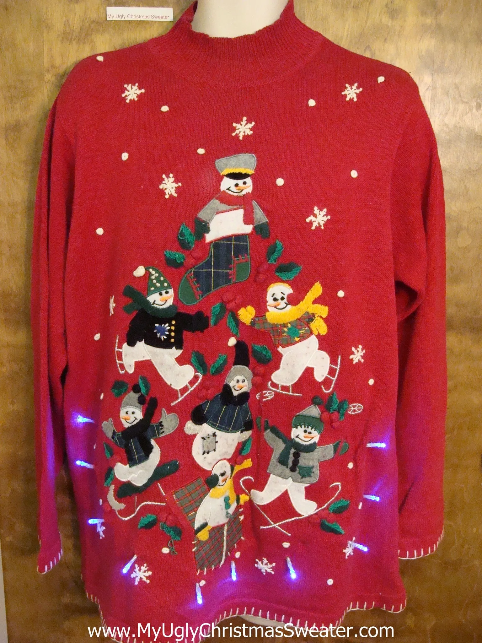 Red Light Up Ugly Xmas Sweater with Snowman Pyramid