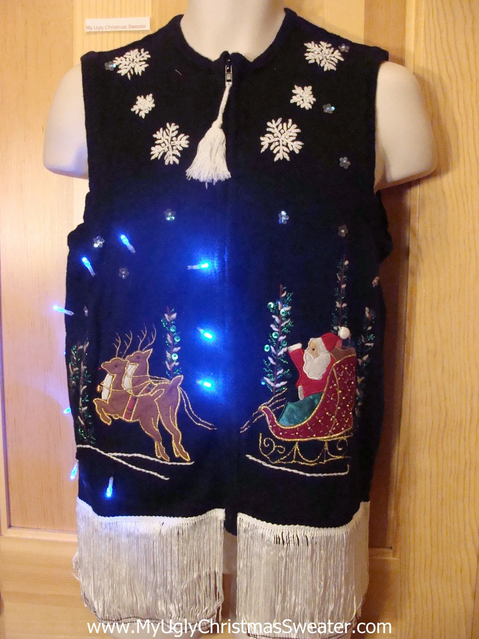 Tacky Light Up Christmas Sweater Vest Santa Reindeer and Long Dangling Fringe