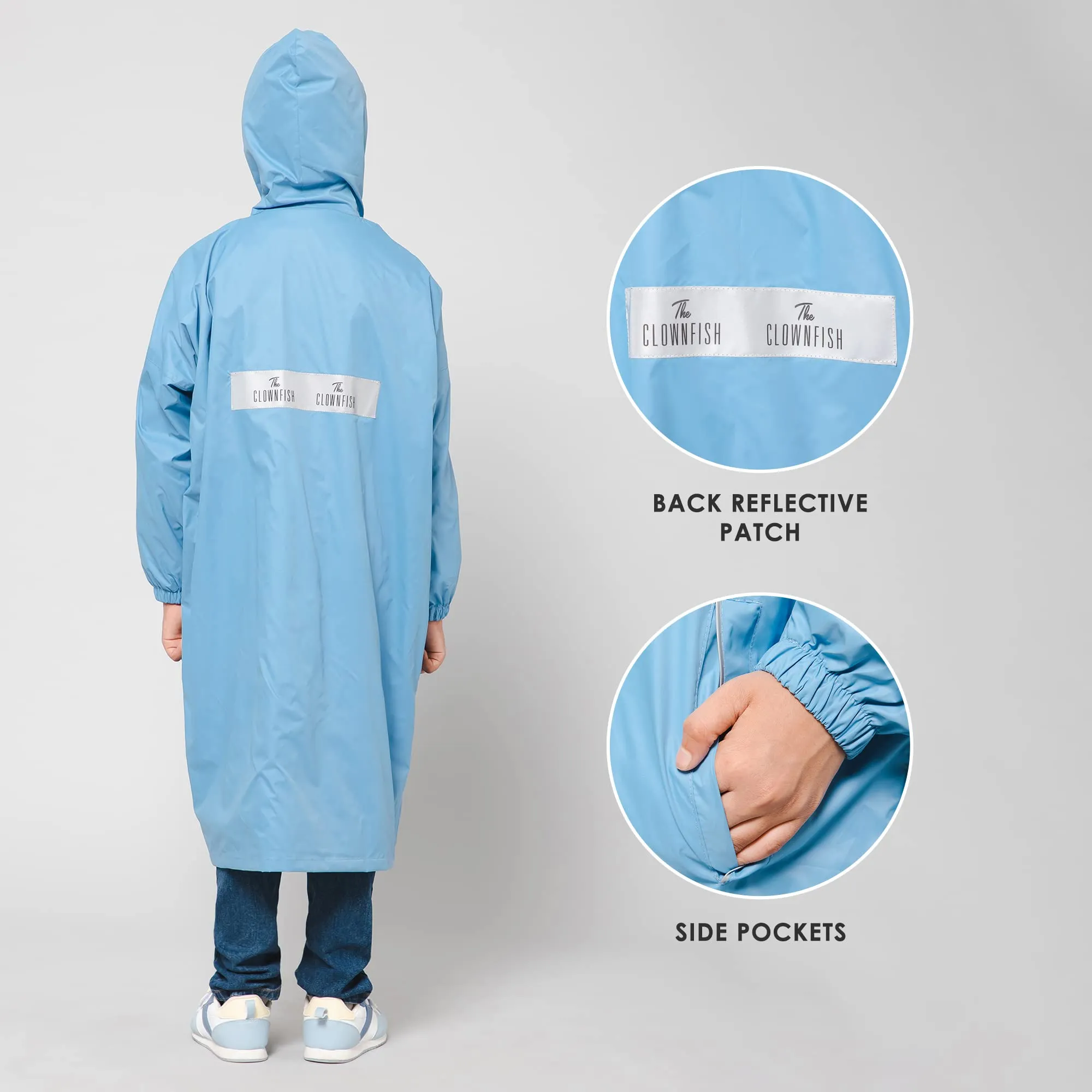 THE CLOWNFISH Cloud Chaser Series Kids Raincoat Waterproof Polyester Double Coating Reversible Longcoat with Hood and Reflector Logo at Back. Printed Plastic Pouch. Kid Age-9-10 years (Skyblue)