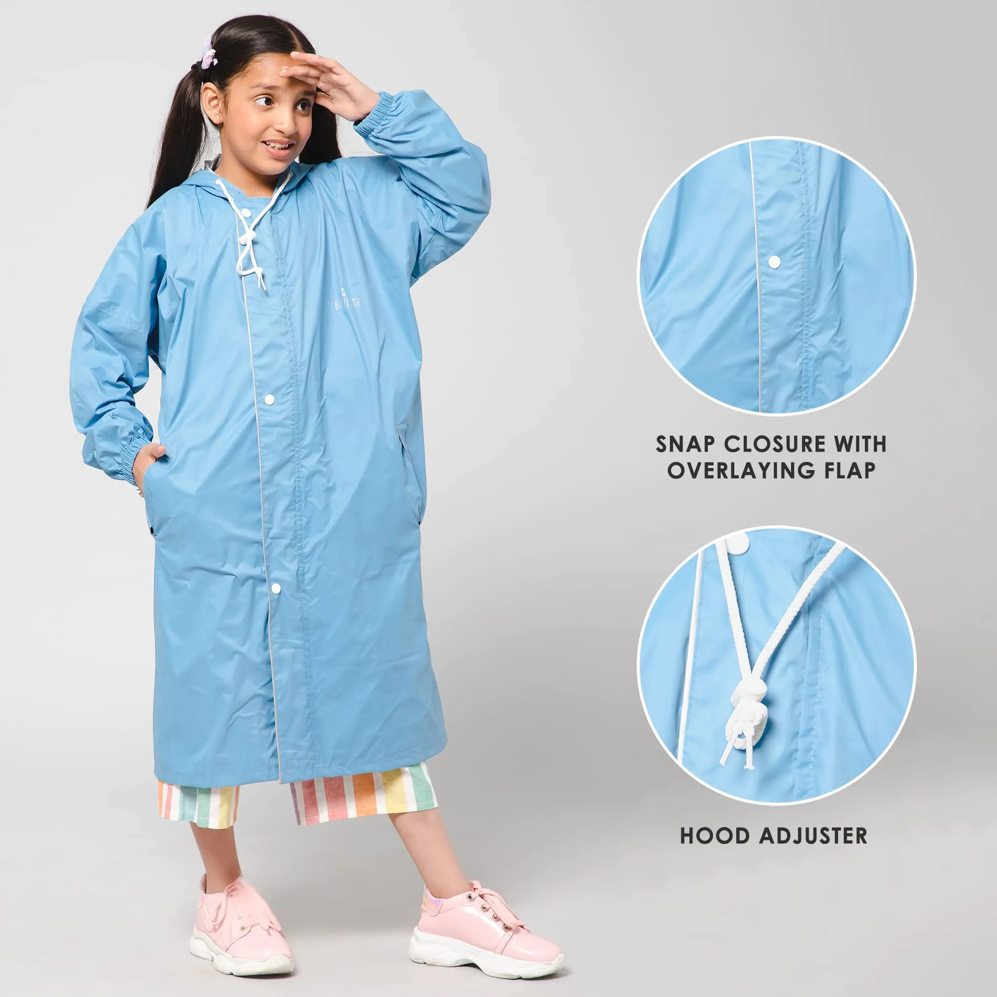 THE CLOWNFISH Cloud Chaser Series Kids Raincoat Waterproof Polyester Double Coating Reversible Longcoat with Hood and Reflector Logo at Back. Printed Plastic Pouch. Kid Age-9-10 years (Skyblue)