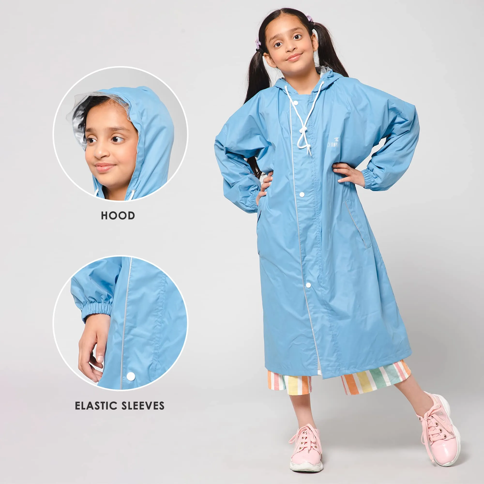 THE CLOWNFISH Cloud Chaser Series Kids Raincoat Waterproof Polyester Double Coating Reversible Longcoat with Hood and Reflector Logo at Back. Printed Plastic Pouch. Kid Age-9-10 years (Skyblue)