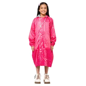 THE CLOWNFISH Drizzle Dot Series Kids Raincoat Waterproof Polyester Double Coating Reversible Longcoat with Hood and Reflector Logo at Back. Printed Plastic Pouch. Kid Age-5-6 years (Bubblegum Pink)