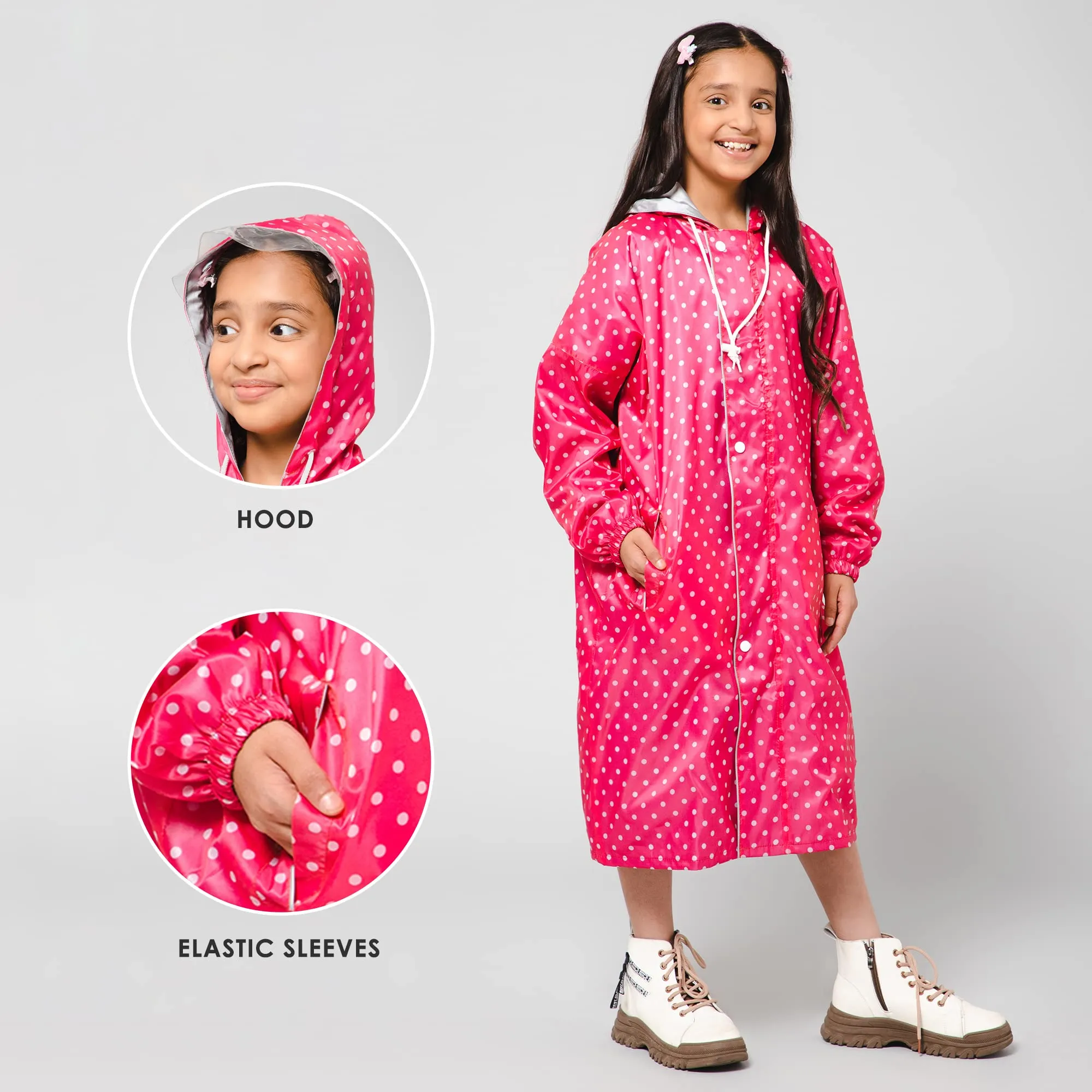 THE CLOWNFISH Drizzle Dot Series Kids Raincoat Waterproof Polyester Double Coating Reversible Longcoat with Hood and Reflector Logo at Back. Printed Plastic Pouch. Kid Age-5-6 years (Bubblegum Pink)