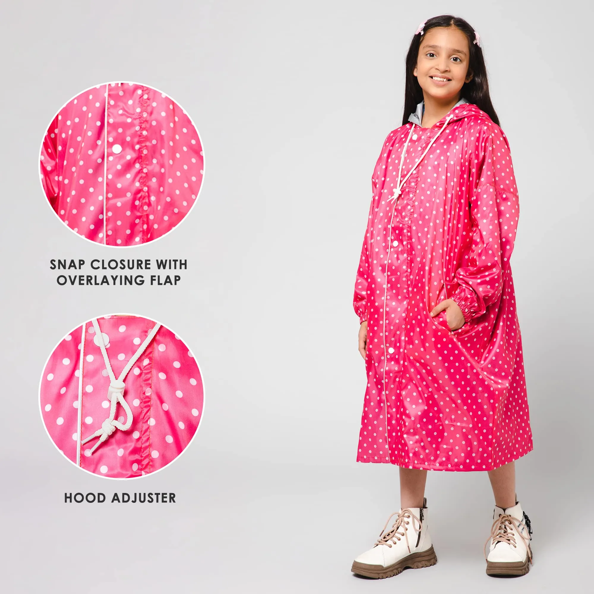 THE CLOWNFISH Drizzle Dot Series Kids Raincoat Waterproof Polyester Double Coating Reversible Longcoat with Hood and Reflector Logo at Back. Printed Plastic Pouch. Kid Age-5-6 years (Bubblegum Pink)