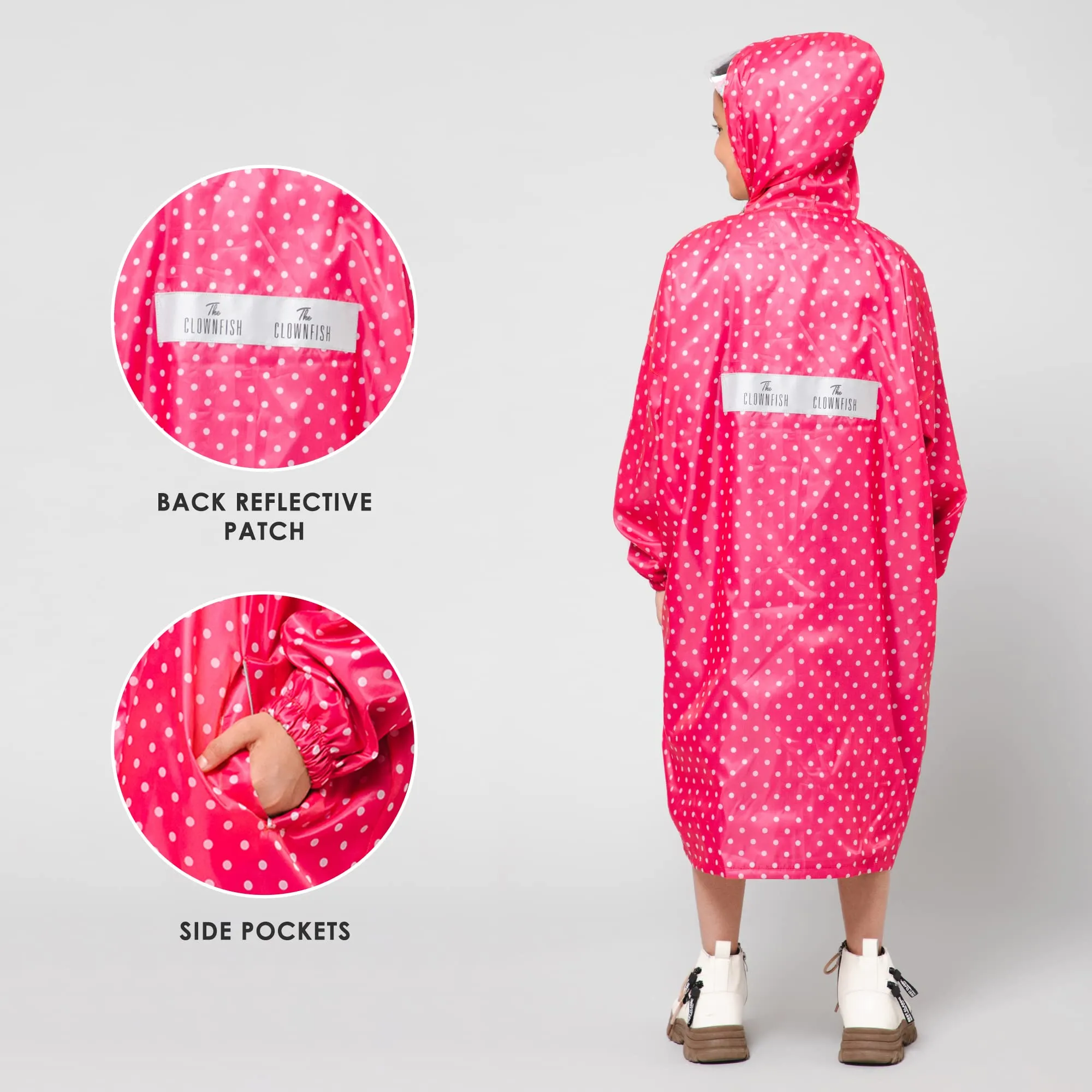 THE CLOWNFISH Drizzle Dot Series Kids Raincoat Waterproof Polyester Double Coating Reversible Longcoat with Hood and Reflector Logo at Back. Printed Plastic Pouch. Kid Age-5-6 years (Bubblegum Pink)