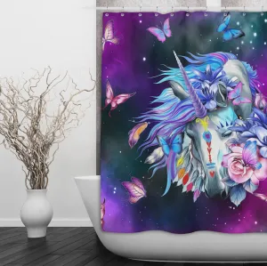 Unicorn Butterfly Galaxy Shower Curtains and Optional Bath Mats