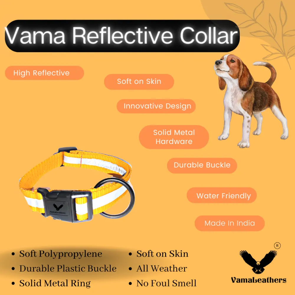 Vama Leathers Night Visible Reflective All Weather Everyday Collar for Dogs (Sunrise Orange)